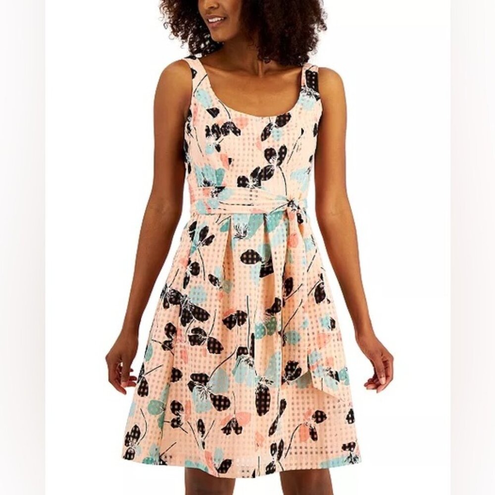 Nwt Anne Klein Fit & Flare Topstitch Pleated Lined Mini Floral Dress Size 2